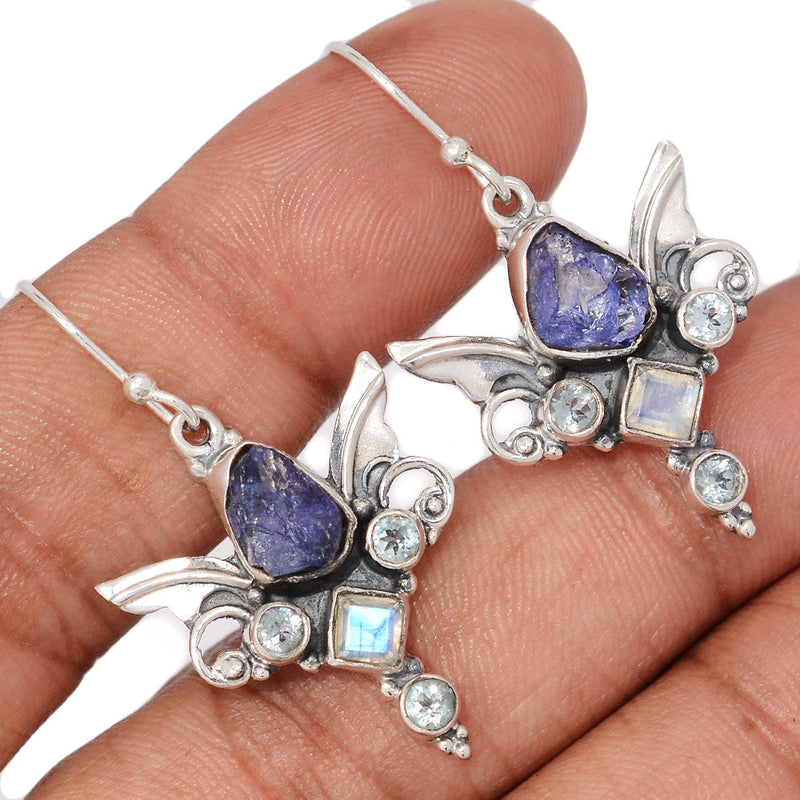 1.6" Scared Angel Wings - Tanzanite Rough, Blue Topaz & Scared Angel Wingsstone Faceted Earrings - DSNE99
