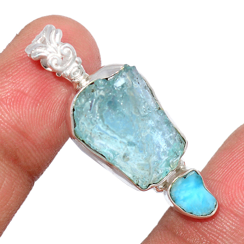 1.6" Designer - Aquamarine Rough & Larimar Slice Dominican Republic - Pendants - DSNP1570