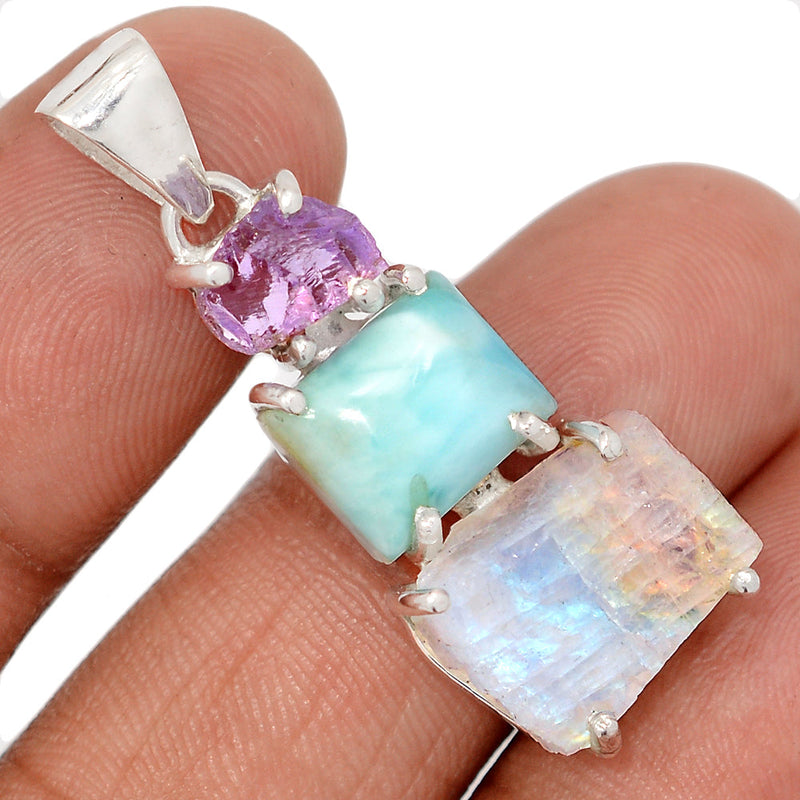 1.5" Designer -  Larimar, Moonstone Rough & Amethyst Rough - DSNP1961