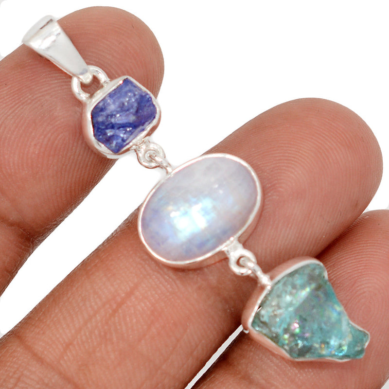 2" Designer -  Tanzanite Rough, Rainbow Moonstone & Neon Blue Apatite - DSNP1974