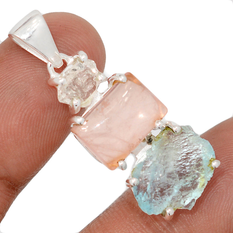 1.5" Designer -  Rose Quartz Rough, Aquamarine Rough & Herkimer Diamond - DSNP1982