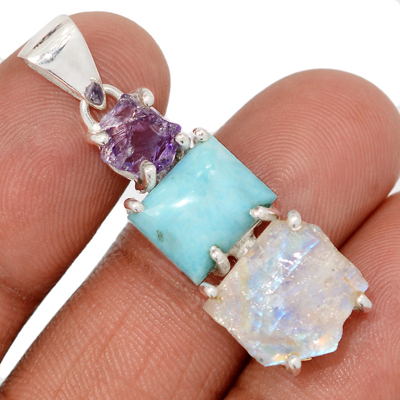 1.6" Designer -  Larimar, Moonstone Rough & Amethyst Rough - DSNP1985
