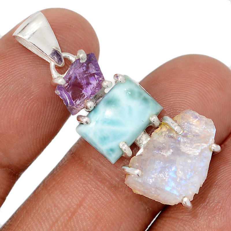 1.5" Designer -  Larimar, Moonstone Rough & Amethyst Rough - DSNP1998