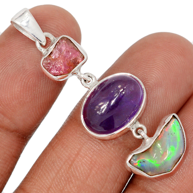 1.7" Designer -  Ethiopian Opal Polish Rough, Amethyst & Pink Tourmaline Rough - DSNP2035