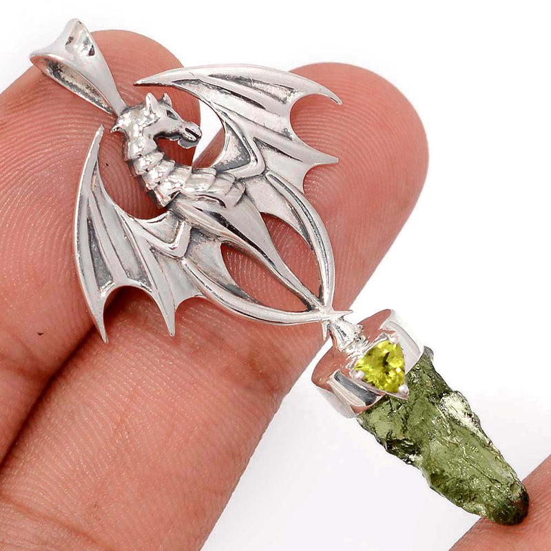 2.1" Dragon - Moldavite & Peridot Pendants - DSNP2042