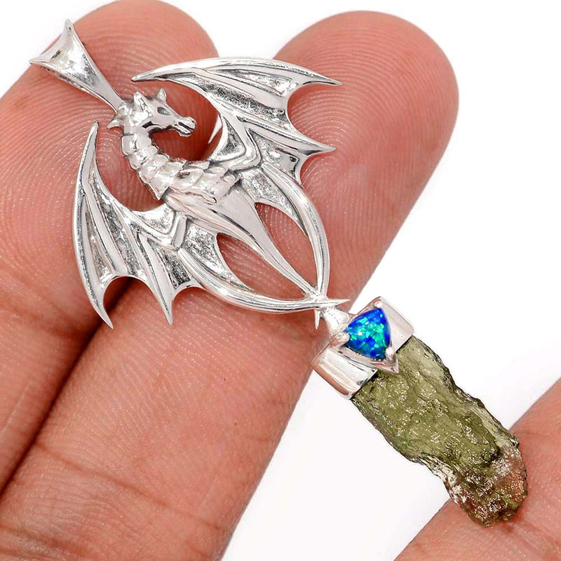 2.1" Dragon - Moldavite & Lab Grown Fire Opal Pendants - DSNP2045