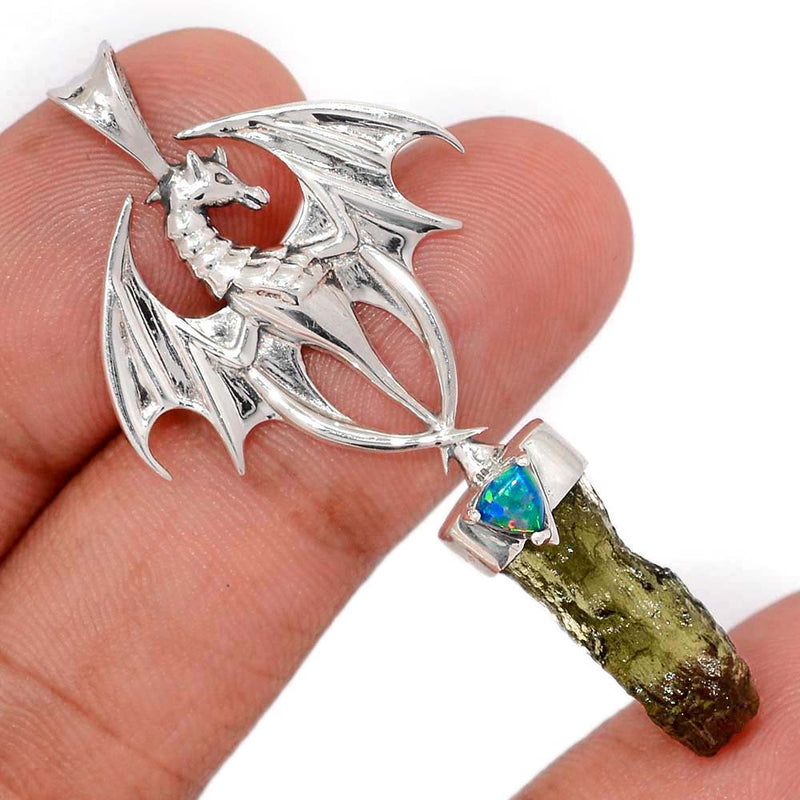 2.1" Dragon - Moldavite & Lab Grown Fire Opal Pendants - DSNP2047