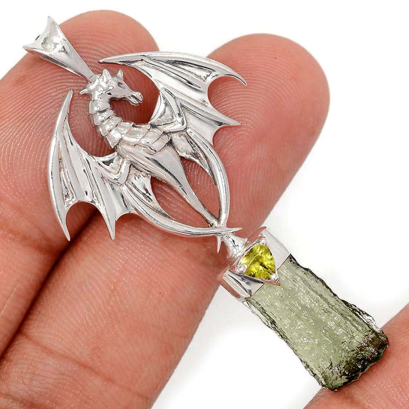 2.1" Dragon - Moldavite & Peridot Pendants - DSNP2053