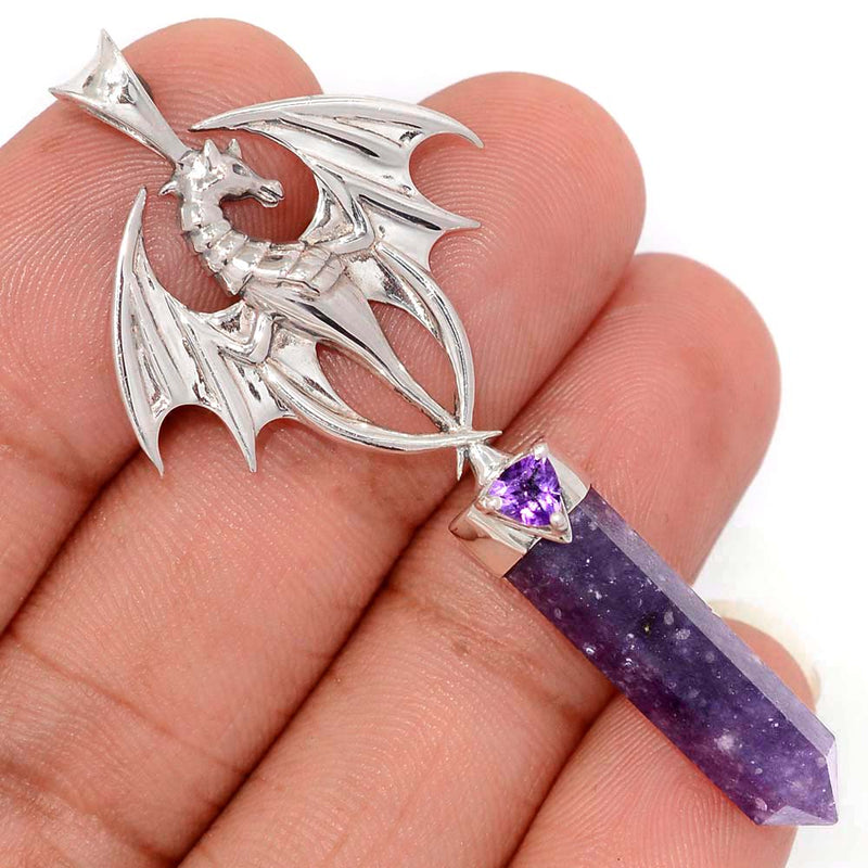 2.3" Dragon - Purple Lepidolite Worry Stone & Amethyst Faceted Pendants - DSNP2056