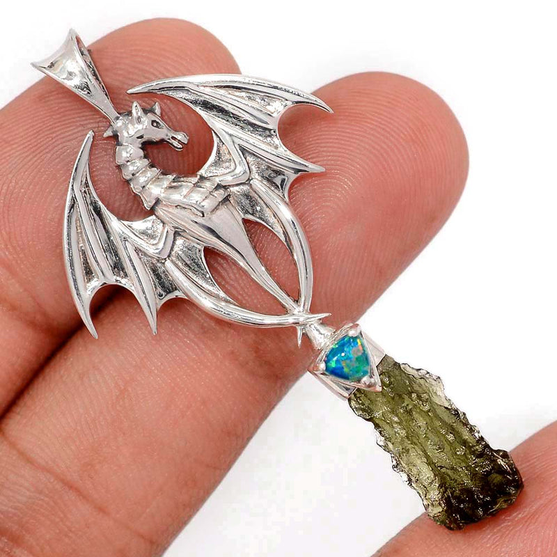 2.1" Dragon - Moldavite & Lab Grown Fire Opal Pendants - DSNP2058