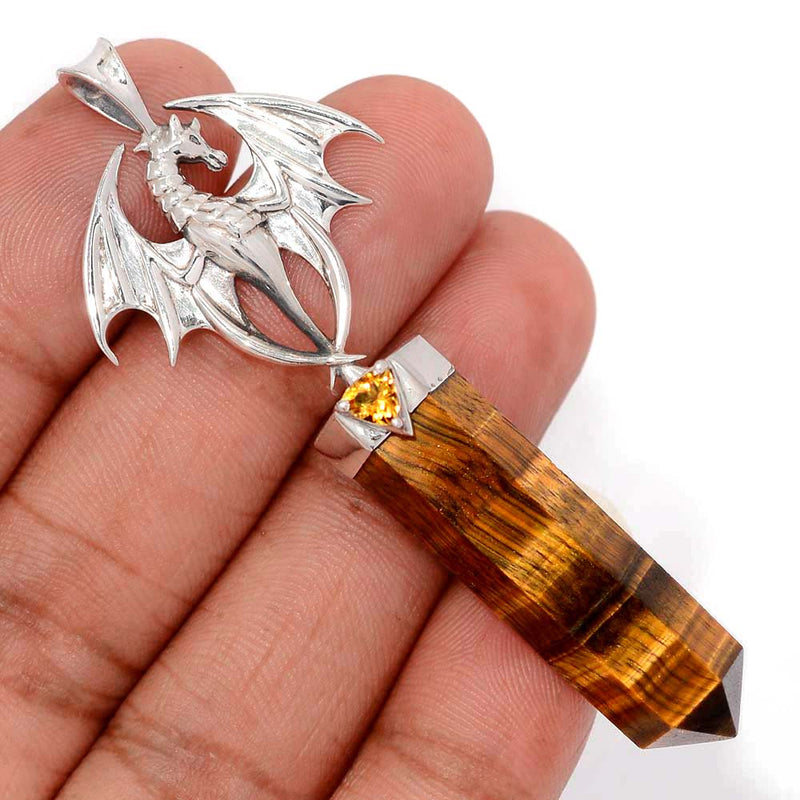 2.7" Dragon - Tiger Eye Point & Peridot Faceted Pendants - DSNP2066
