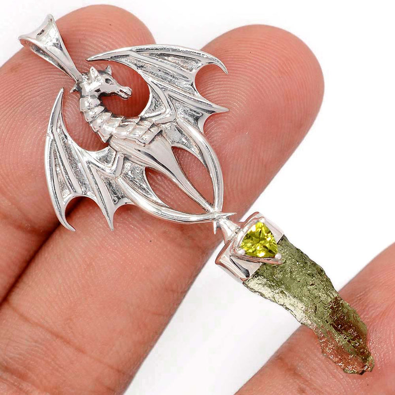 2.1" Dragon - Moldavite & Peridot Faceted Pendants - DSNP2069