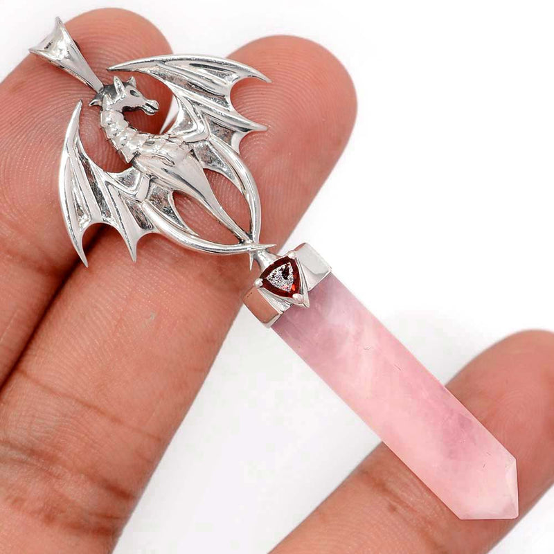 2.7" Dragon - Rose Quartz Point & Garnet Faceted Pendants - DSNP2074