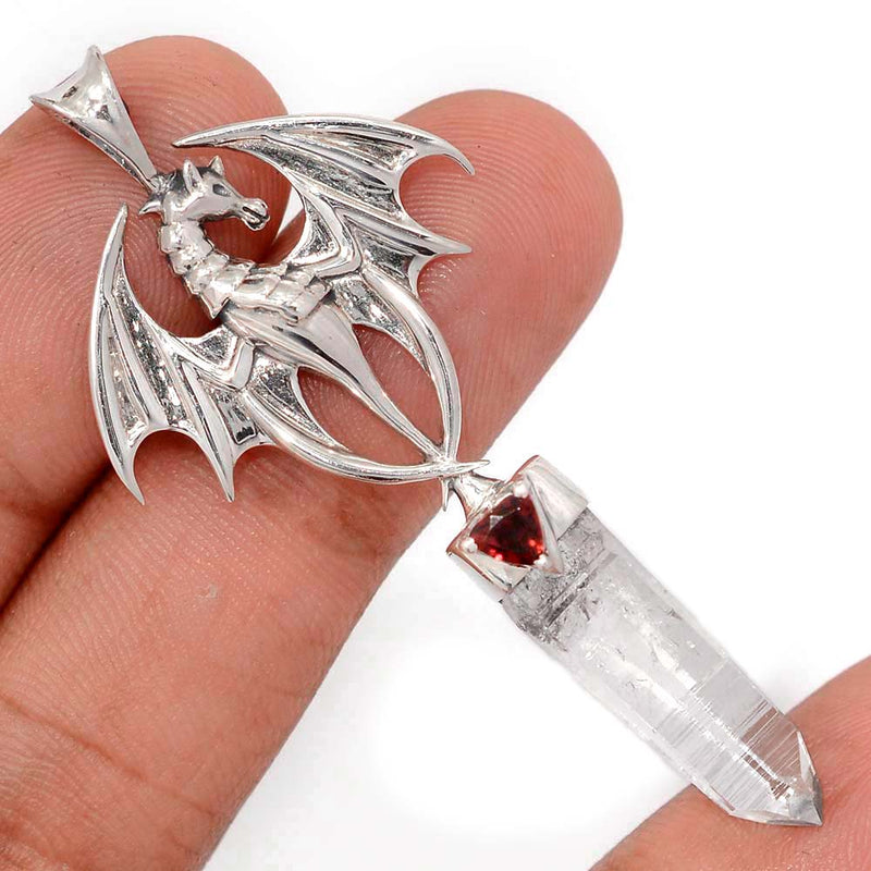 2.2" Dragon - Crystal Quartz & Garnet Faceted Pendants - DSNP2076