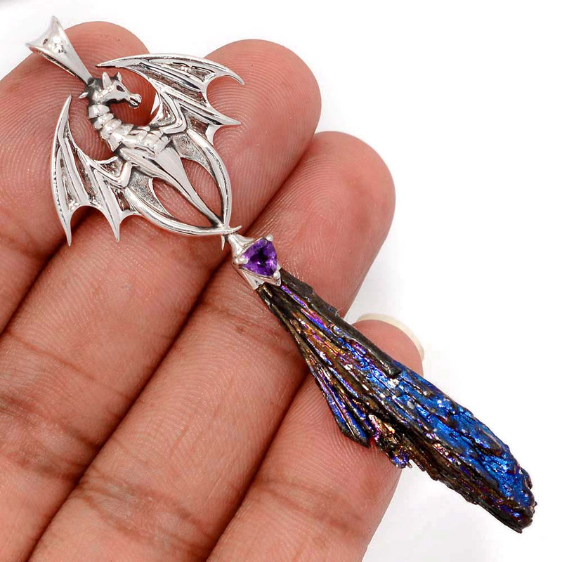 3.1" Dragon - Rainbow Aura Kyanite & Amethyst Faceted Pendants - DSNP2078