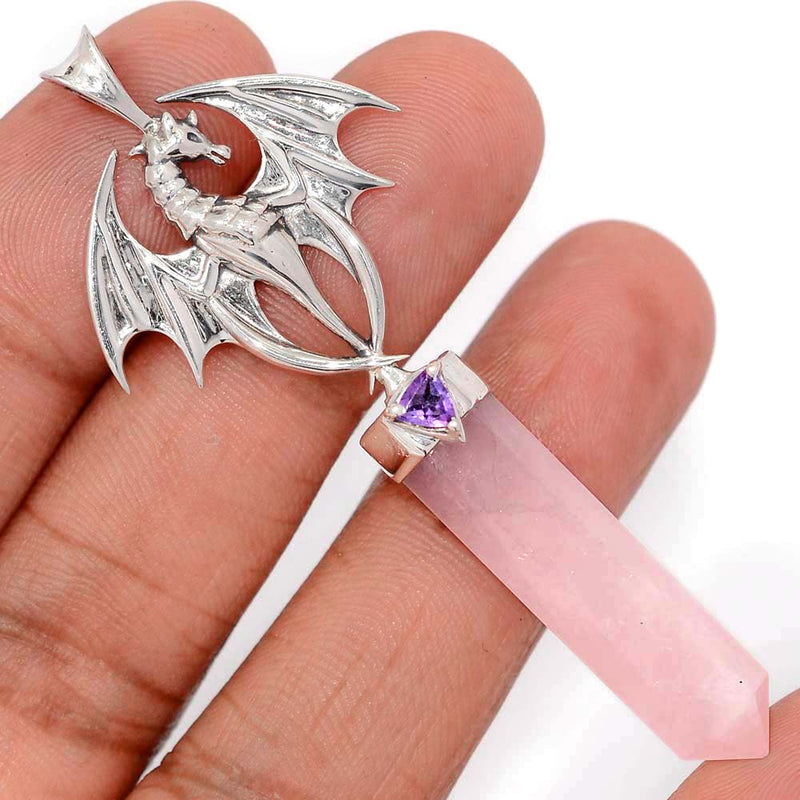 2.7" Dragon - Rose Quartz Point & Amethyst Faceted Pendants - DSNP2079
