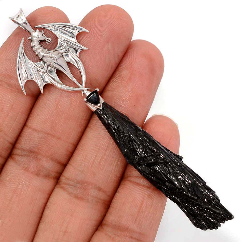 3.5" Dragon - Black Kyanite & Black Onyx Faceted Pendants - DSNP2080