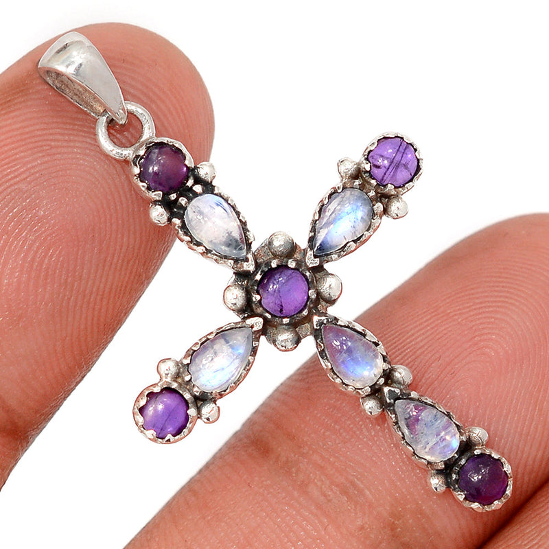 1.6" Cross - Rainbow Moonstone & Amethyst Pendants - DSNP2132