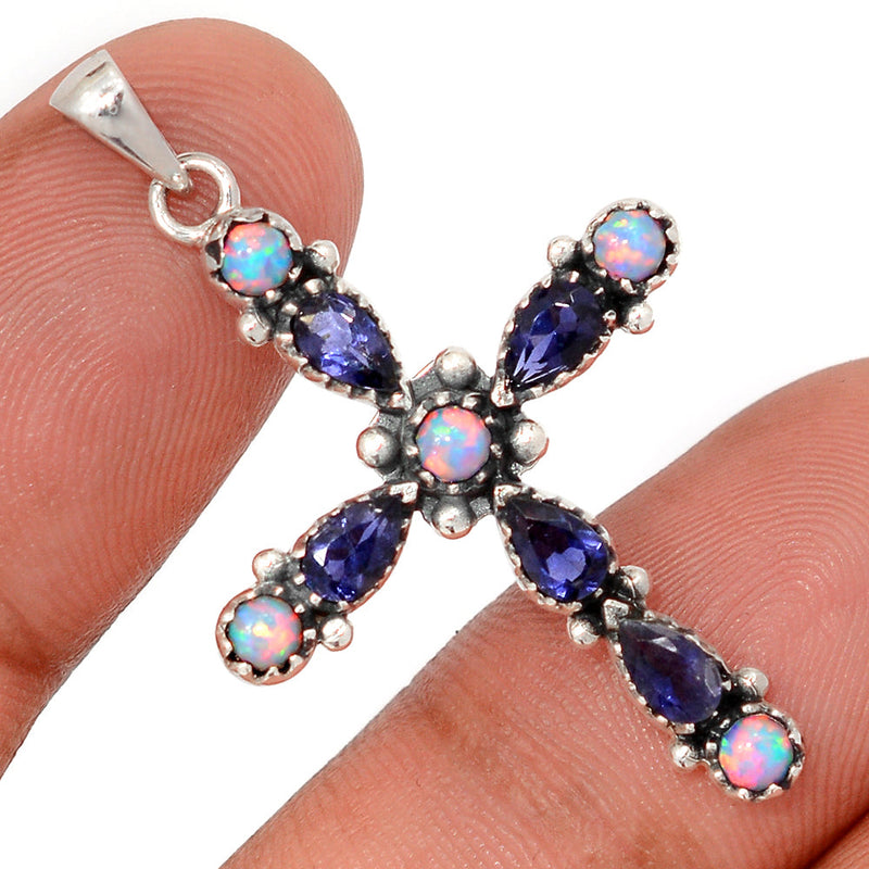1.6" Cross - Lab Grown Fire Opal & Iolite Pendants - DSNP2137