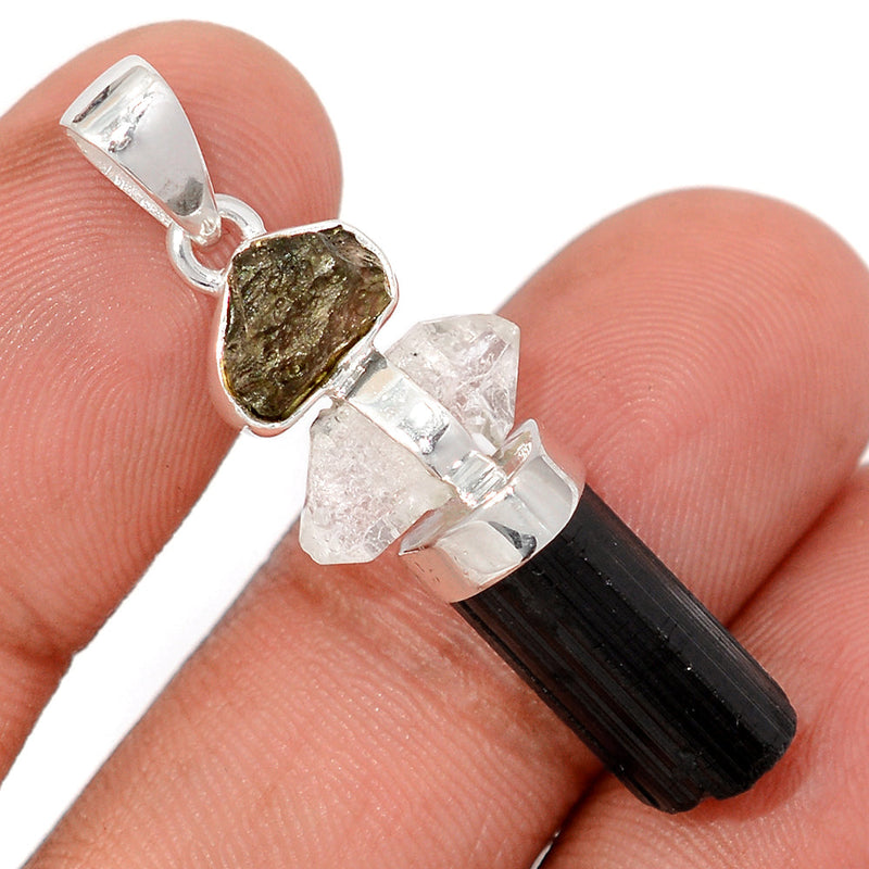 1.6" Moldavite, Black Tourmaline & Herkimer Diamond Pendants - DSNP2169