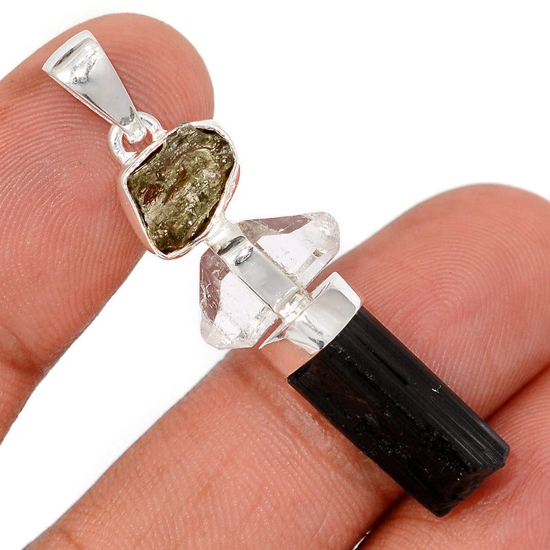 1.7" Moldavite, Black Tourmaline & Herkimer Diamond Pendants - DSNP2176