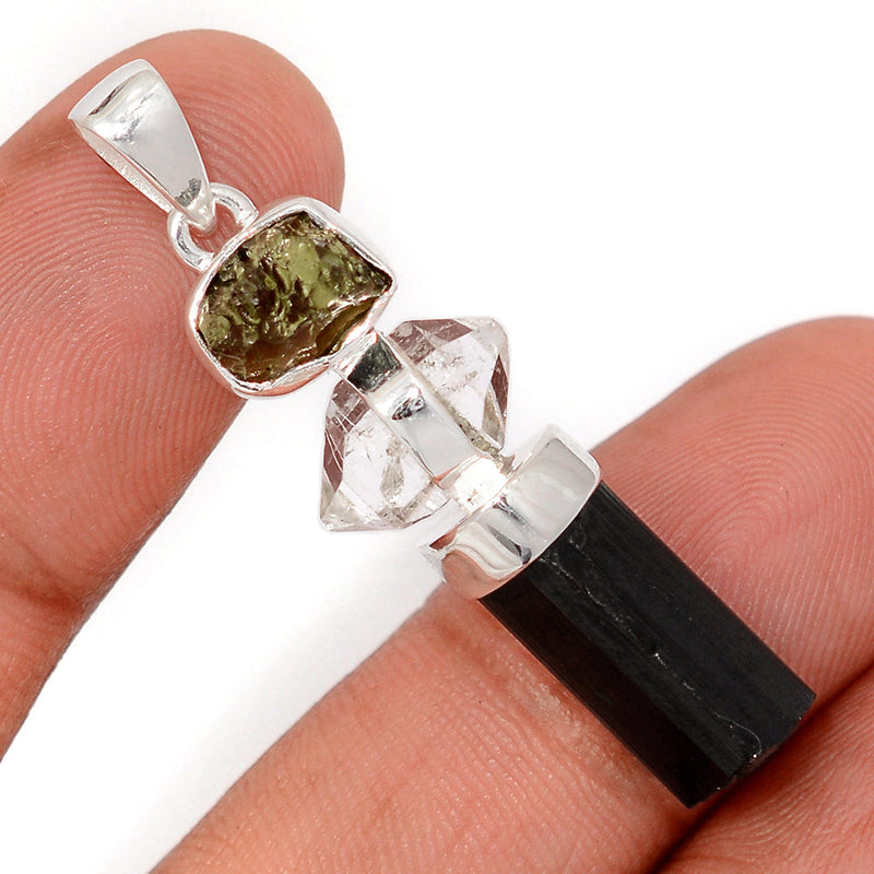 1.7" Moldavite, Black Tourmaline & Herkimer Diamond Pendants - DSNP2180