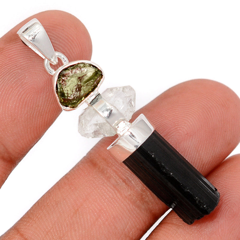 1.7" Moldavite, Black Tourmaline & Herkimer Diamond Pendants - DSNP2182
