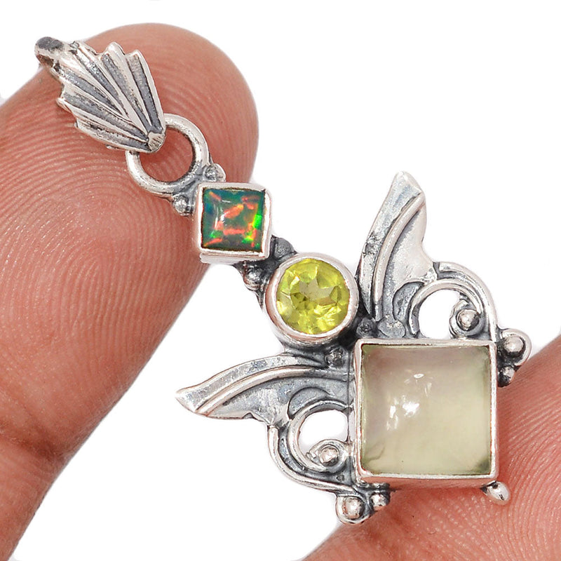 1.6" Scared Angel Wings - Prehnite, Peridot & Lab Grown Fire Opal Pendants - DSNP2192
