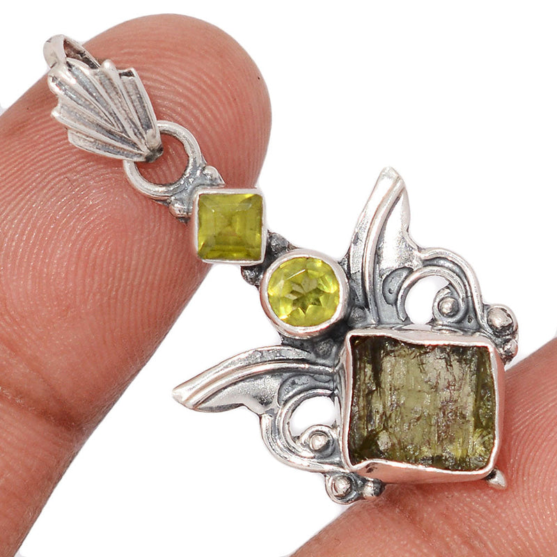 1.6" Scared Angel Wings - Moldavite & Peridot Pendants - DSNP2193