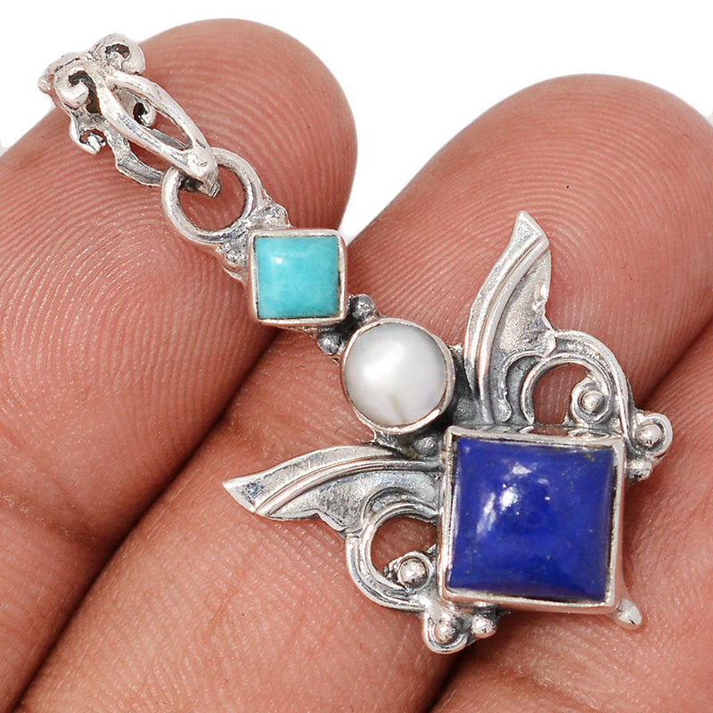 1.6" Scared Angel Wings - Lapis, Pearl & Larimar Pendants - DSNP2194