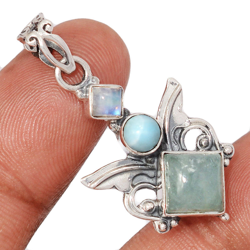 1.5" Scared Angel Wings - Aquamarine, Larimar & Rainbow Moonstone Pendants - DSNP2195