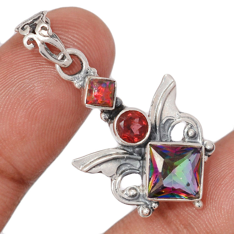 1.5" Scared Angel Wings - Rainbow Topaz, Garnet Faceted & Lab Grown Fire Opal Pendants - DSNP2197