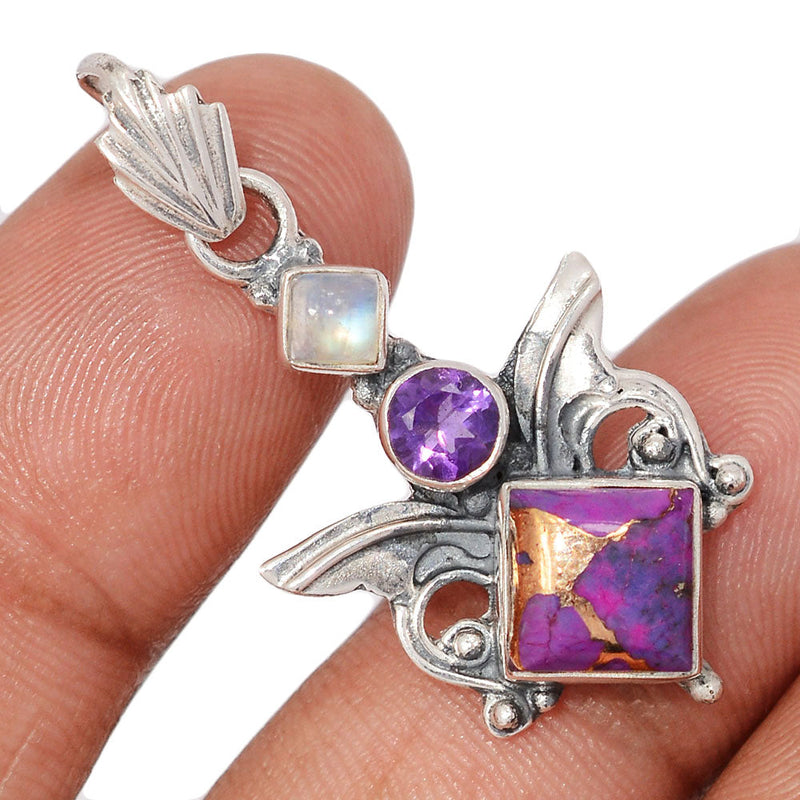 1.6" Scared Angel Wings - Copper Purple Turquoise, Amethyst Faceted & Rainbow Moonstone Pendants - DSNP2198