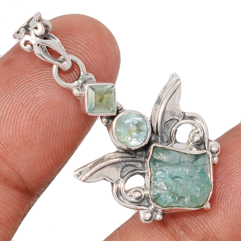 1.5" Scared Angel Wings - Aquamarine Rough & Blue Topaz Pendants - DSNP2199