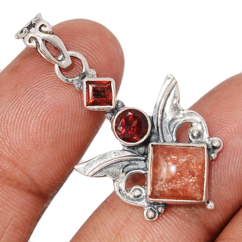 1.5" Scared Angel Wings - Rainbow Sunstone & Garnet Faceted Pendants - DSNP2200