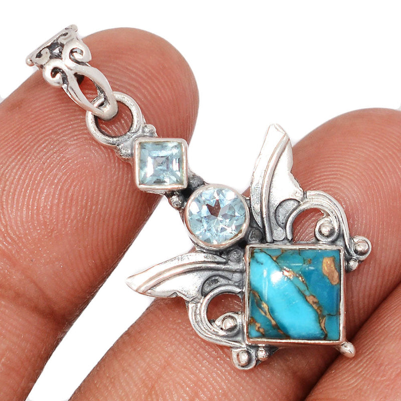 1.5" Scared Angel Wings - Copper Blue Turquoise & Blue Topaz Pendants - DSNP2201