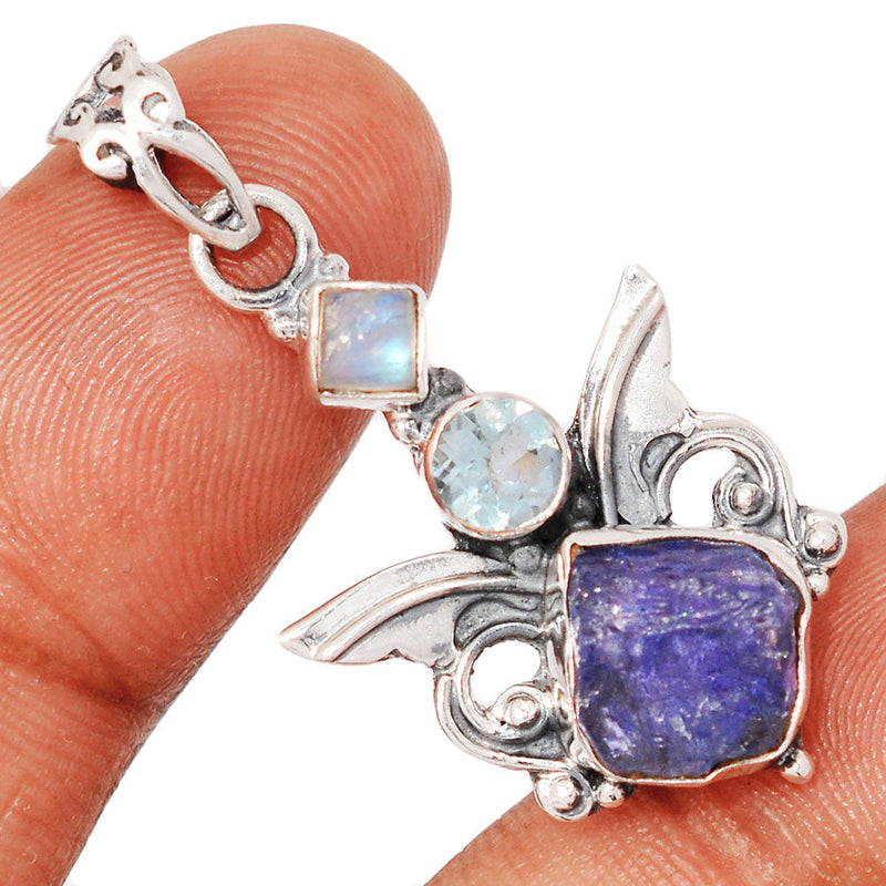 1.5" Scared Angel Wings - Tanzanite Rough, Blue Topaz & Rainbow Moonstone Pendants - DSNP2202