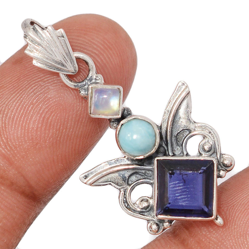 1.5" Scared Angel Wings - Iolite, Larimar & Rainbow Moonstone Pendants - DSNP2203