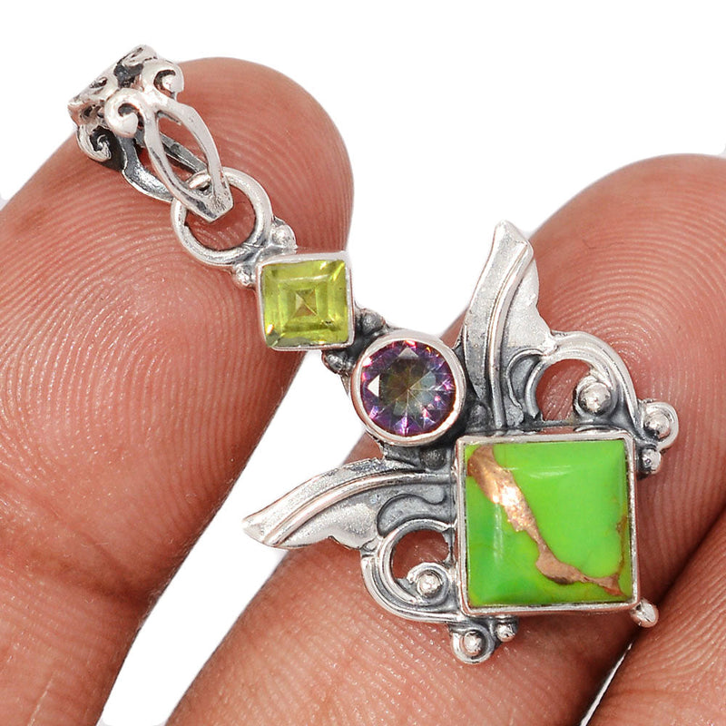 1.5" Scared Angel Wings - Copper Green Turquoise, Rainbow Topaz & Peridot Pendants - DSNP2204
