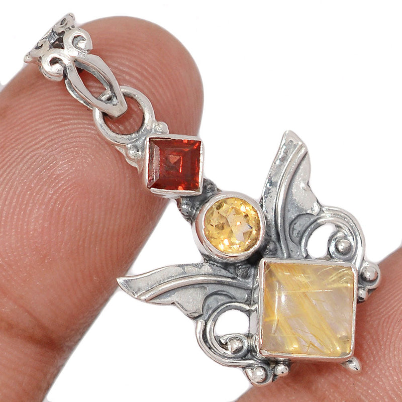 1.5" Scared Angel Wings - Golden Rutile, Citrine & Garnet Faceted Pendants - DSNP2206