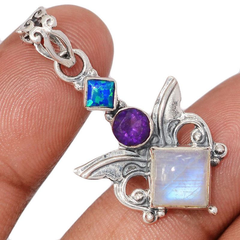 1.5" Scared Angel Wings - Rainbow Moonstone, Amethyst Faceted & Lab Grown Fire Opal Pendants - DSNP2207