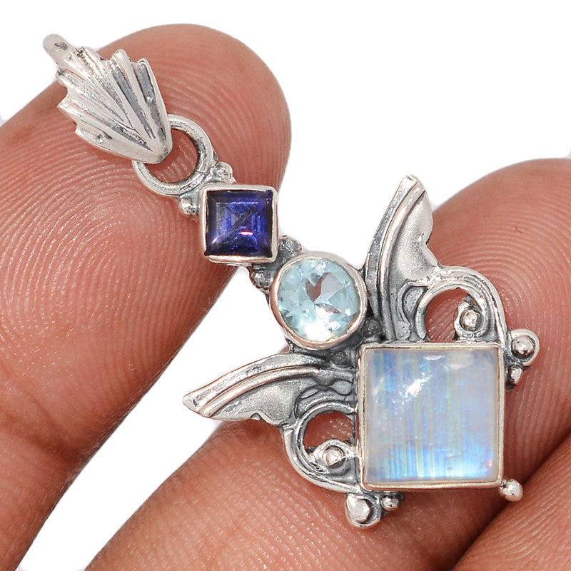1.5" Scared Angel Wings - Rainbow Moonstone, Blue Topaz & Iolite Pendants - DSNP2208