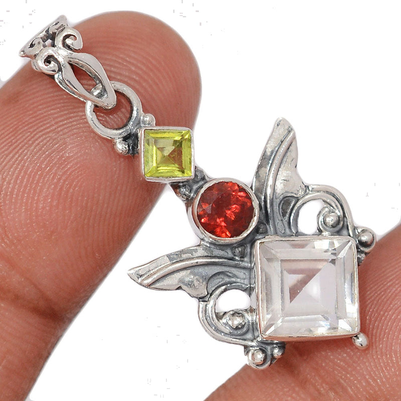 1.5" Scared Angel Wings - Crystal Quartz, Garnet Faceted & Peridot Pendants - DSNP2209