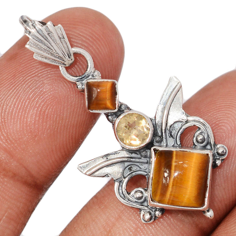 1.6" Scared Angel Wings - Tiger Eye & Libyan Desert Glass Faceted Pendants - DSNP2210