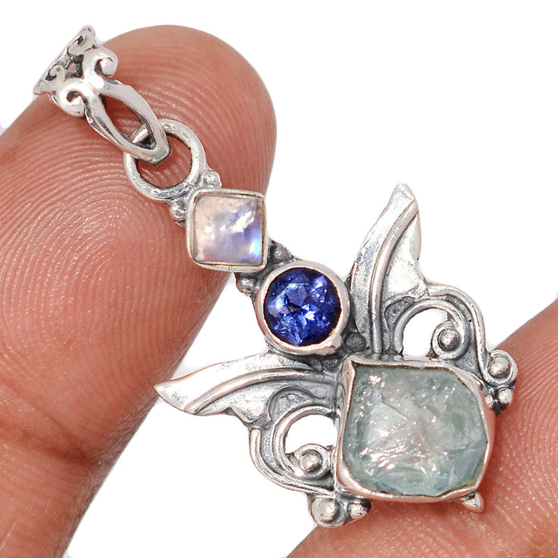 1.5" Scared Angel Wings - Aquamarine Rough, Iolite & Rainbow Moonstone Pendants - DSNP2211