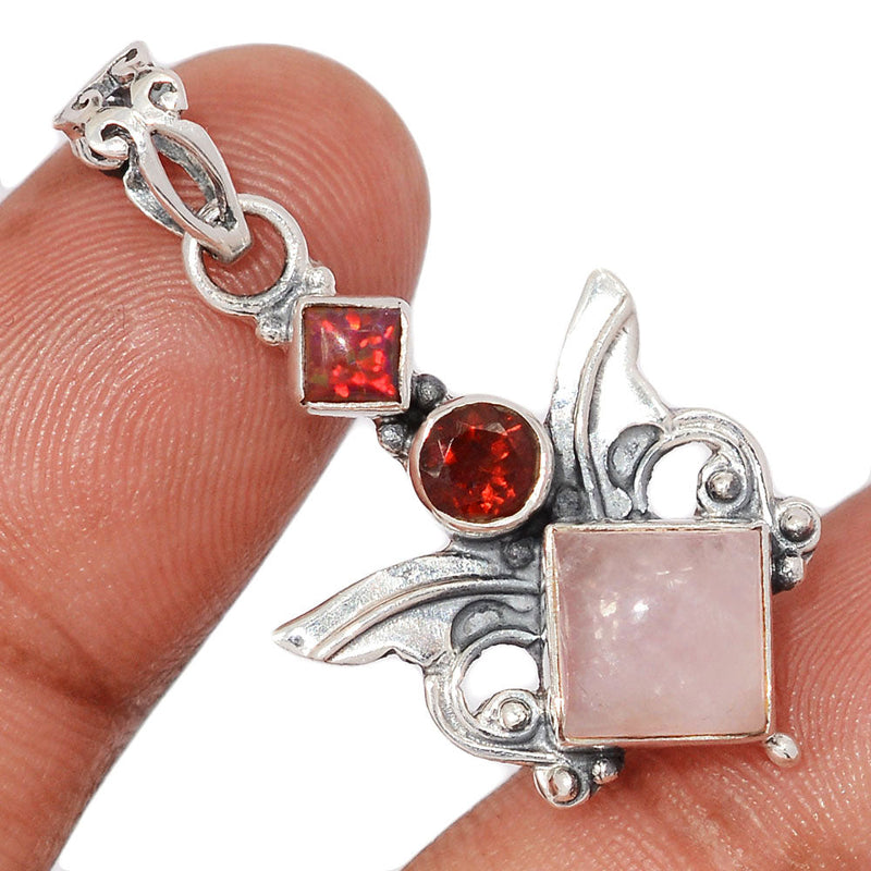 1.5" Scared Angel Wings - Rose Quartz, Garnet Faceted & Lab Grown Fire Opal Pendants - DSNP2212