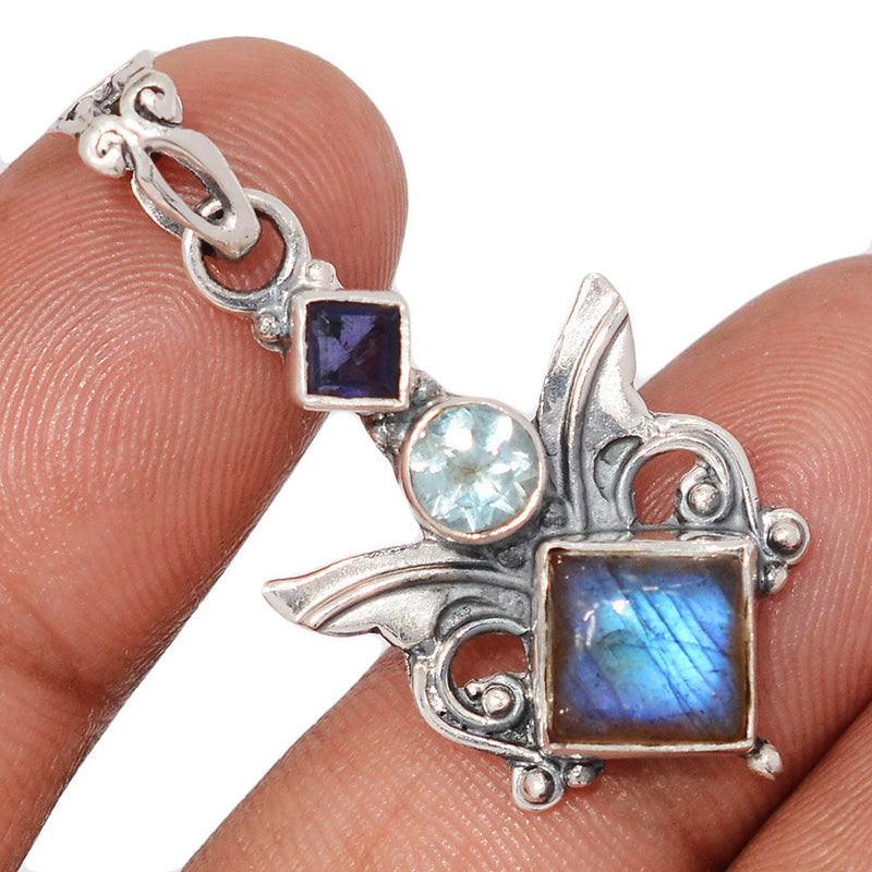 1.5" Scared Angel Wings - Labradorite, Blue Topaz & Iolite Pendants - DSNP2213