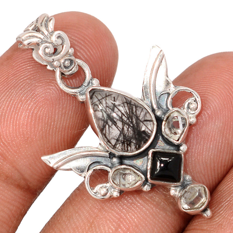 1.5" Scared Angel Wings - Black Rutilated Quartz, Black Onyx & Herkimer Diamond Pendants - DSNP2215
