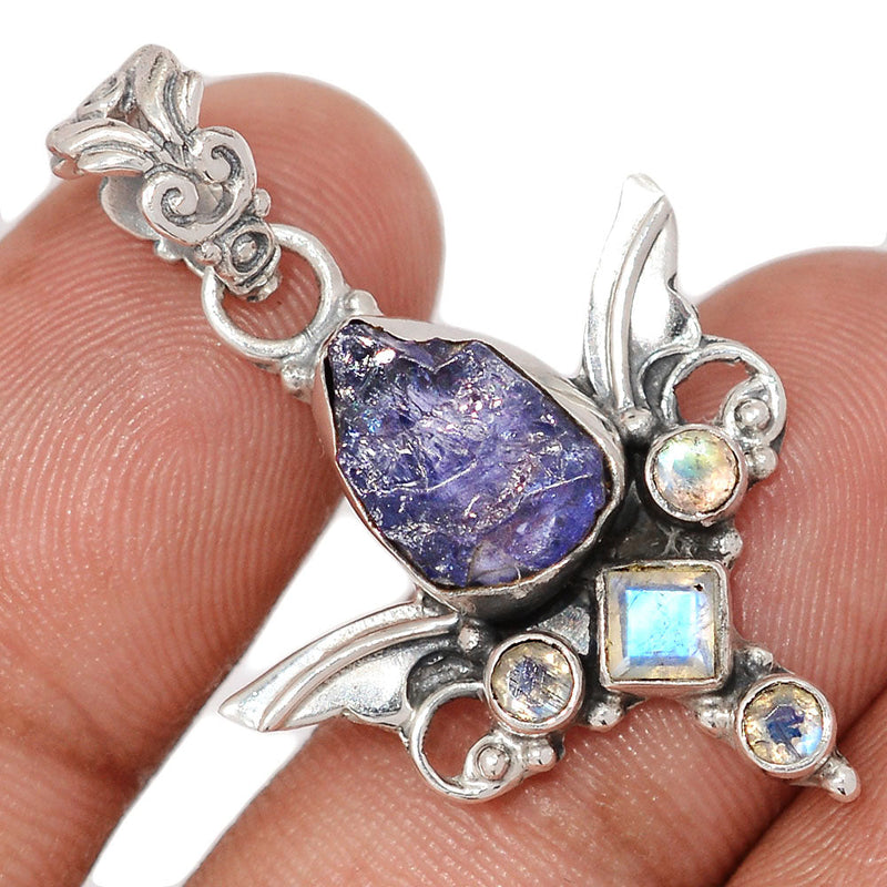 1.5" Scared Angel Wings - Tanzanite Rough & Moonstone Faceted Pendants - DSNP2217