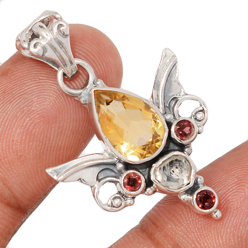 1.5" Scared Angel Wings - Citrine, Herkimer Diamond & Garnet Faceted Pendants - DSNP2218